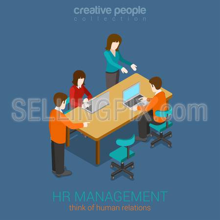 HR management, brainstorming creative people flat 3d web isometric infographic concept vector. Human relations. Teamwork around table laptop, boss, worker, manager.