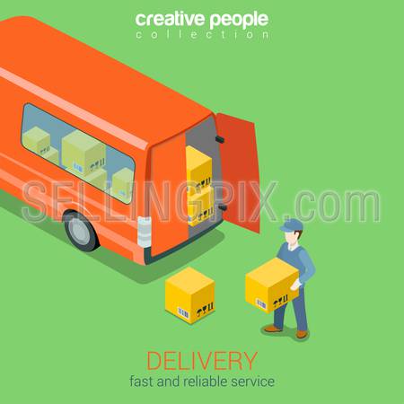 Delivery service van flat 3d web isometric infographic concept vector. Courier holds box before deliver truck rear doors. Creative people collection.