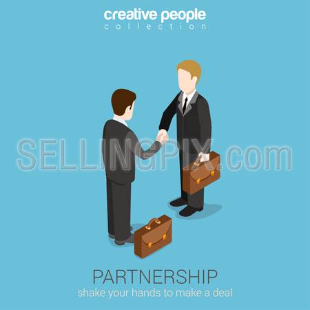 Flat 3d web isometric partnership deal handshake to succeed infographic concept vector. Two businessmen shaking hands. Creative people collection.