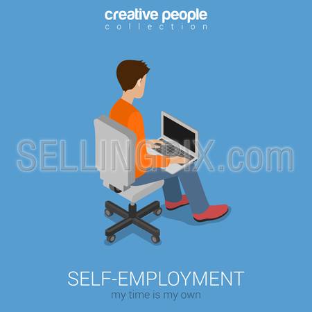 Self-employment freelance work on chair knees flat 3d web isometric infographic concept vector. Freelancer young man working on laptop. Modern work style workplace concept.