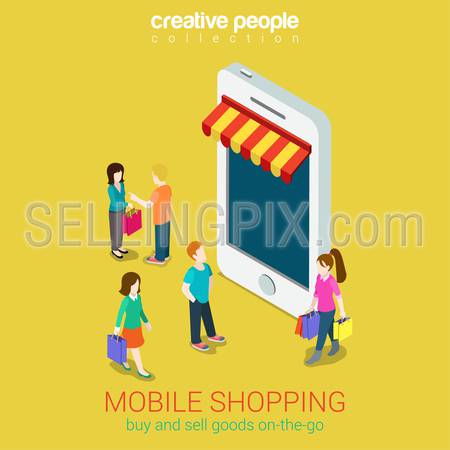 Mobile shopping e-commerce online store flat 3d web isometric infographic concept vector and electronic business, sales, black friday. People walk on the street between stores boutiques like phones tablets.