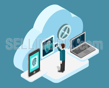 Biometric fingerprint identification internet cloud authentication flat 3d web isometric creative infographic concept vector. Security, secure data access. Touch screen tablet phone and laptop.