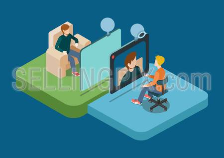 Video call chat conference flat 3d web isometric infographic concept vector. Two men speaking over web camera. Creative people collection.
