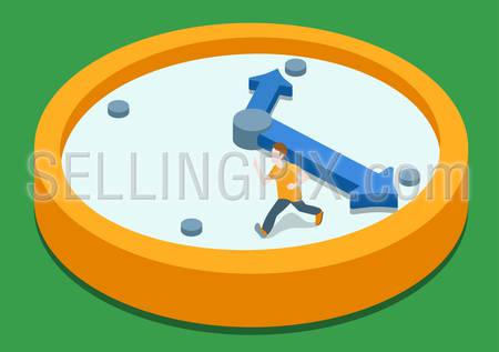 Time rush flat 3d web isometric infographic concept vector. Business man running away on clock from big hand. Creative people collection.