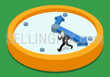 Time rush flat 3d web isometric infographic concept vector. Business man running away on clock from big hand. Creative people collection.