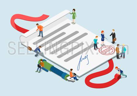 Flat 3d web isometric certificate and casual mini people infographic concept vector. Little business people around overblown paper sheet with stamp and signature. Creative people collection.