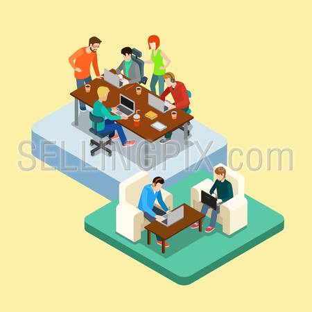 Coworking flat 3d web isometric infographic concept vector. Co-working groups of people on two locations. Office of advertising agency work process. Creative people collection.