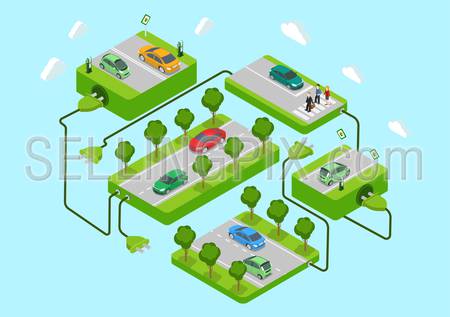 Electric cars flat 3d web isometric alternative eco green energy lifestyle infographic concept vector. Road platforms, refill stations, power cord connection. Ecology power consumption collection.