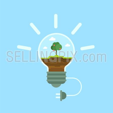 Flat ecology green energy template. Eco lamp with green grass and apple tree, power supply plug. Flat isometry ecological power economy consumption collection.