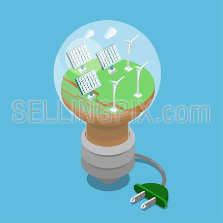 3d isometric flat ecology green energy concept. Eco lamp sun battery wind turbines on green grass power supply plug. Flat isometry ecological power economy consumption collection.