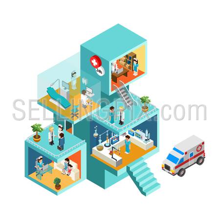 Hospital building with people flat 3d web isometric infographic concept vector. isometry rooms with people staff workers, doctors, nurses, ambulance. Creative people collection.