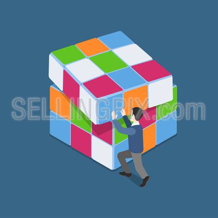 Flat 3d web isometric man plays with Rubik’s Cube puzzle infographic solution concept vector. Small man pushing row. Strong, punchy, pushy, reasonable, rational lifestyle. Creative people collection.