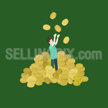 Roll in money flat 3d web isometric infographic concept vector. Man heap of coins toss up. Richness, prosperity, success, financial well-being, spending savings lifestyle. Creative people collection.