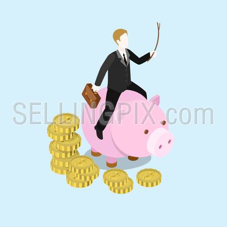 Flat 3d web isometric investor businessman entrepreneur tycoon infographic concept vector. Man riding driving piggy bank with whip. Creative people collection.