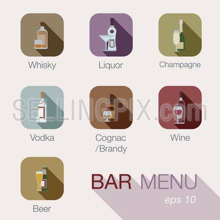 Bar alcohol drinks vector icons menu design template.Cafe beverages concept. Button collection for web and apps.Contains: whisky, liquor, champagne, vodka, cognac, brandy, wine, whiskey, beer.