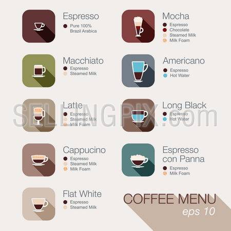 Coffee vector icon set menu. Buttons for web and apps. Coffee beverages types and preparation: espresso, mocha, macchiato, americano, latte,long black, cappucino, espresso con panna, flat white,
