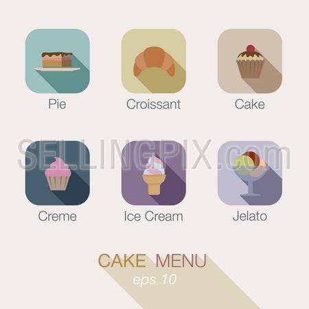 Cake Sweet Candy shop vector icon menu design. Useful for web and apps. Buttons: pie, croissant, cake, creme, ice cream, gelato.