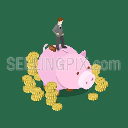 Investor making decision flat 3d web isometric infographic concept vector. Businessman stands on big moneybox. Creative people financial monetary piggy bank savings collection.