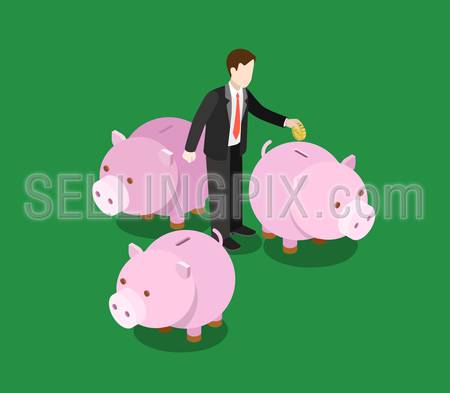 Investor making decision, choose invest sector flat 3d web isometric infographic concept vector. Businessman stands on big moneybox. Creative people financial monetary piggy bank savings collection.