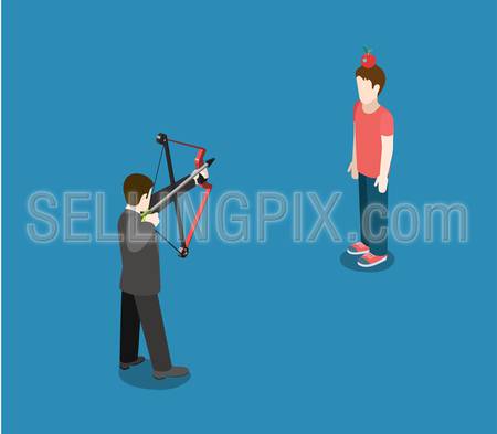 Business concept aim to competitor target flat 3d web isometric infographic vector. Businessman archer point bow arrow to apple on head. Creative people collection.
