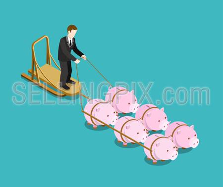 Bank owner, investor, multi investment target flat 3d web isometric infographic concept vector. Businessman drives pig sleds. Creative people financial monetary piggy bank savings collection.