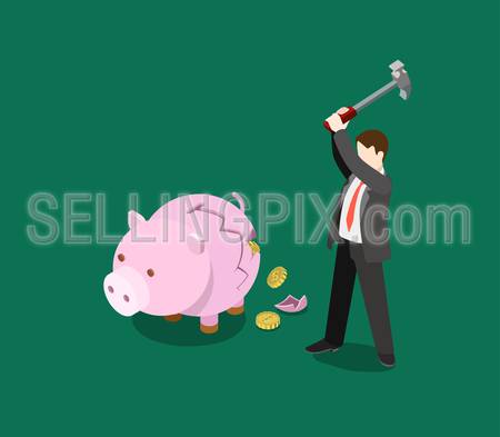 ROI return on investment business financial concept flat 3d web isometric infographic vector. Man crash moneybox, coin fall out. Creative people financial monetary piggy bank savings collection.