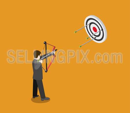 Business target concept flat 3d web isometric infographic vector. Businessman archer aims bow arrow to bull eye. Creative people collection.