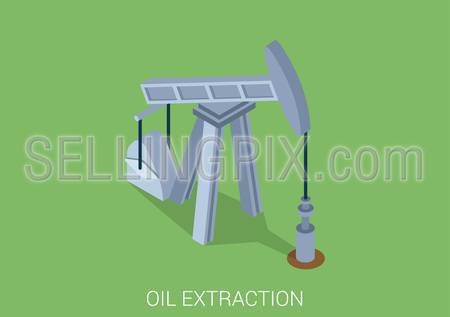 Oil extraction derrick flat 3d web isometric infographic concept vector. Petroleum collection.