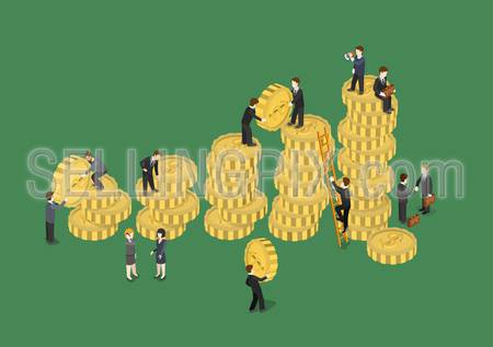 Business concept financial growth flat 3d web isometric infographic vector. Businessmen adding coins, construction statistics data graphic with money heaps. Creative people collection.