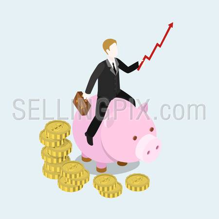 Flat 3d web isometric investor businessman entrepreneur tycoon infographic concept vector. Man riding driving piggy bank with growth data line arrow graphic whip. Creative people collection.