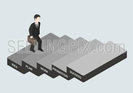 Business concept steps to succeed flat 3d web isometric infographic vector. Businessman stepping idea, plan, work, promotion, success blocks. Creative people collection.
