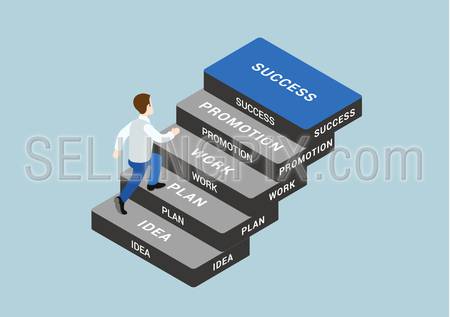 Business concept steps to succeed flat 3d web isometric infographic vector. Man stepping idea, plan, work, promotion, success blocks. Creative people collection.