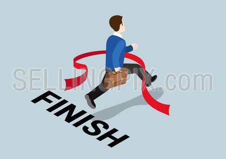 Business concept winning finish of challenge flat 3d web isometric infographic vector. Businessman finishing red thin line. Creative people collection.