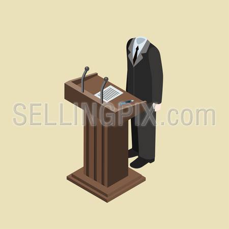 Politics concept faceless headless body on tribune flat 3d web isometric infographic vector. Symbol of impersonal politic leader without head speech. Creative people collection.