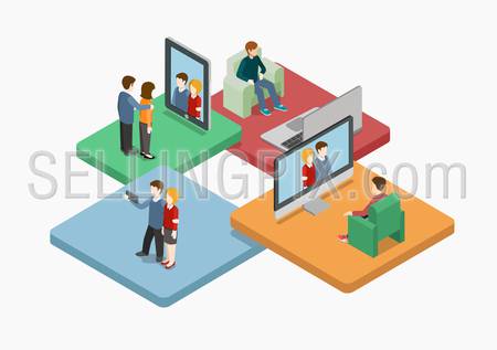 Selfie flat 3d web isometric infographic concept vector. Couple making self photo shot by smart phone for social media network post. Creative people collection.