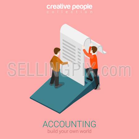 Accounting business finance concept flat 3d web isometric infographic vector. Two man holding big slip fiscal check. Build your own world creative people collection.