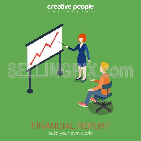 Financial report concept flat 3d web isometric infographic vector. Woman points to white board graph indicator. Corporate report template. Build your own world creative people collection.