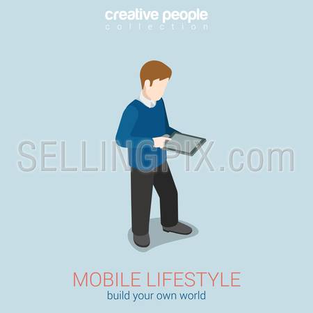 Mobile lifestyle flat 3d web isometric infographic concept vector. Man touching tanlet blank screen. Build your own world creative people collection.