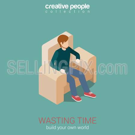Wasting time, leisure flat 3d web isometric infographic concept vector. Young man sitting on cosy chair. Build your own world creative people collection.