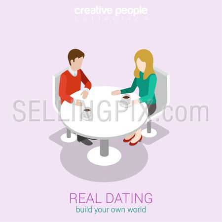 Real dating flat 3d web isometric infographic concept vector. Couple date in real life sitting talking restaurant cafe table. Build your own world creative people collection.