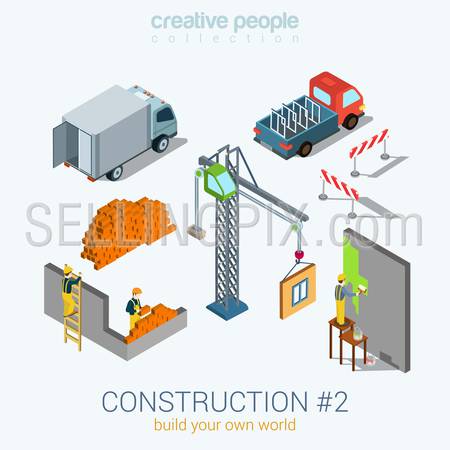 Construction objects set flat 3d web isometric infographic concept vector. Van bricks crane window painter worker staff. Build your world creative people collection.
