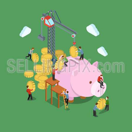 Investment process concept flat 3d web isometric infographic vector. Crane and people put in coins to moneybox. Creative people financial monetary piggy bank savings collection.