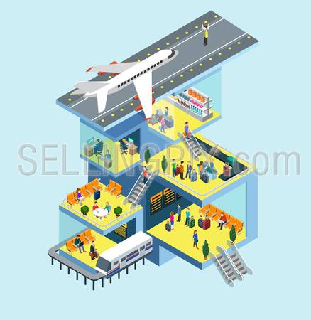 Airport building people, runway, airstrip, landing strip, plane flat 3d web isometric infographic concept vector. Rooms interior, staff, plane departure, passport security control, duty free zone