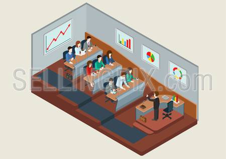 Business training education concept flat 3d web isometric infographic vector. People in auditory listening to lecture teacher. Creative people collection.