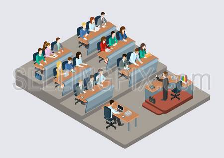 Business training education concept flat 3d web isometric infographic vector. People in auditory listening to lecture teacher. Creative people collection.