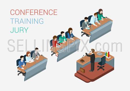 Business training education court jury concept flat 3d web isometric infographic vector. People in auditory listening to lecture teacher. Creative people collection.