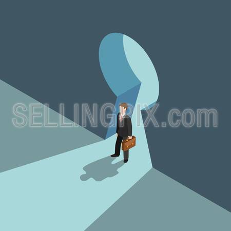 Business solution concept flat 3d web isometric infographic vector. Businessman standing on big keyhole doorway over shadow. Creative people collection.
