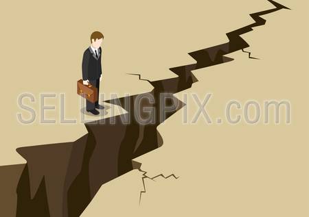 Business obstacle concept flat 3d web isometric infographic vector. Businessman stand before earth ground crack look down. Creative people collection.