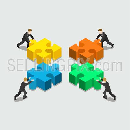 Business solution in partnership concept flat 3d web isometric infographic vector. Four businessmen pushing pieces of puzzle. Creative people collection.