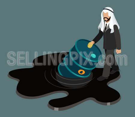 Oil price drop concept flat 3d web isometric infographic vector. Arabic sheikh businessman stepping into black oil petroleum slick and half sunken barrel.
